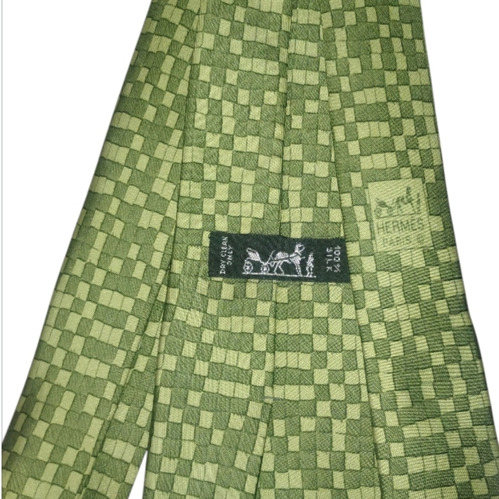HERMES | Green Silk Geometric Woven Tie • Made in France - Picture 3 of 5
